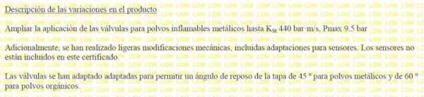 certificado válvulas clapeta Novex polvo metálico